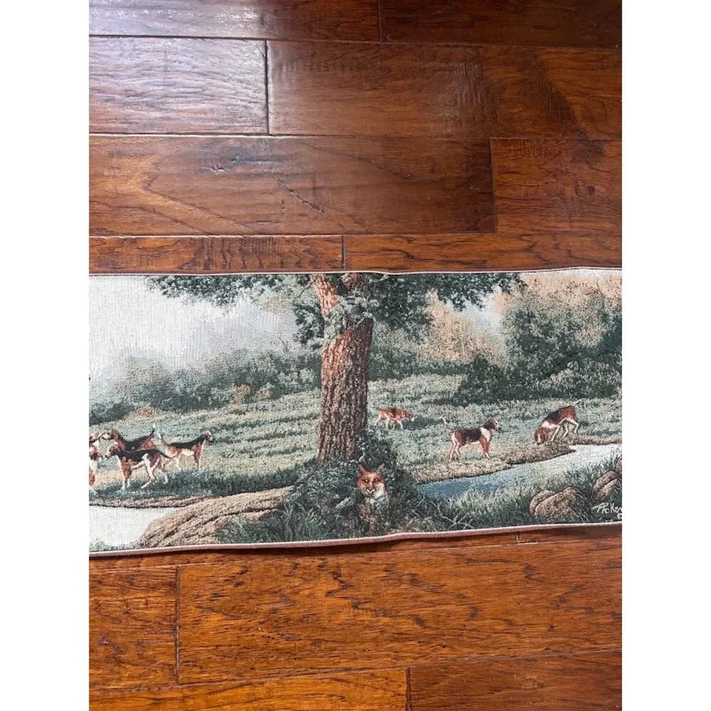 Vintage Fox Hunt Tapestry Wall Hanging Panoramic English Equestrian Scene